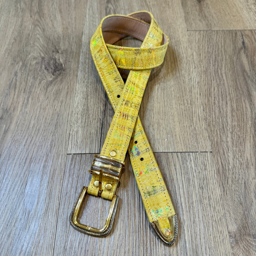 Y2K BB Simon Genuine Leather Yellow Holographic Western Belt Large Gold Silver